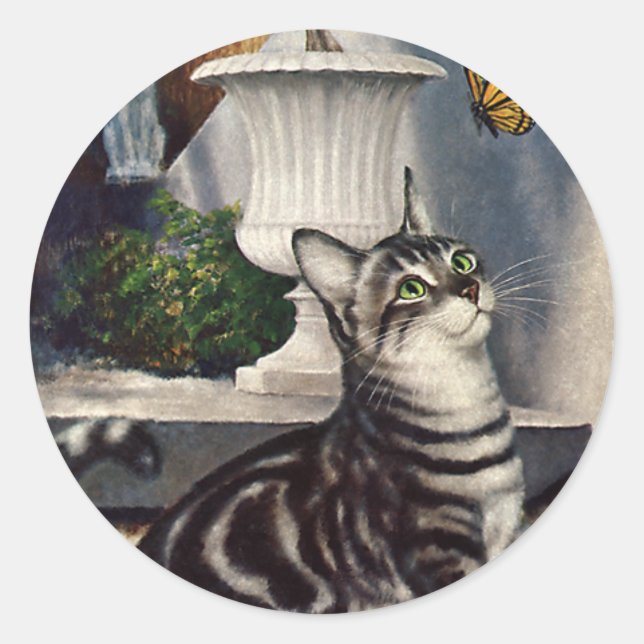Sticker Rond Animaux vintage, chat tigré mignon et papillon (Devant)