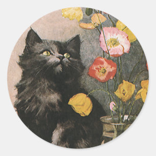 Sticker Rond Animaux vintage, chaton victorien mignon et fleurs