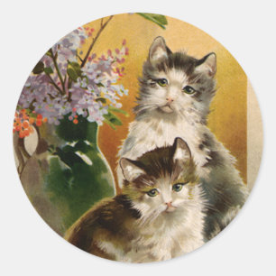 Sticker Rond Animaux vintage, chats et fleurs victoriens mignon