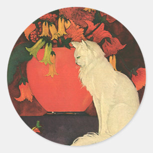 Sticker Rond Animaux Vintage, Élégant Chat Blanc, Fleurs d'Auto