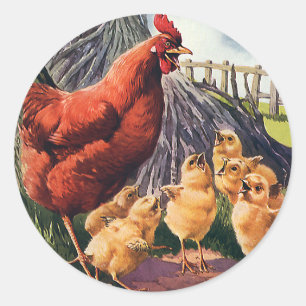 Sticker Rond Animaux Vintage, Poule avec des poussins à la ferm
