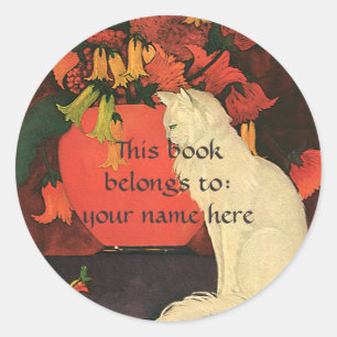 Sticker Rond Animaux vintages, Élégante plaque de chat blanc