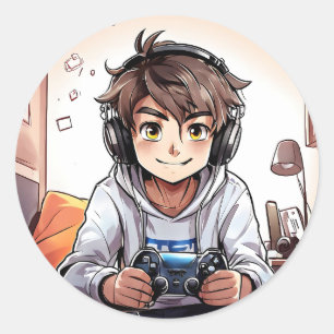 Sticker Rond Anime Boy Jouer à des jeux vidéo