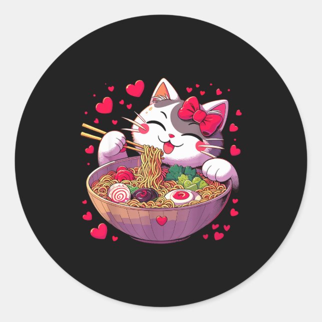 Sticker Rond Anime Cat Eating Ramen Noodles With Hearts Valenti (Devant)
