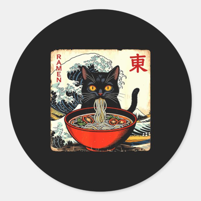Sticker Rond Anime Cat Ramen Japanese Funny Graphic Tees Kawaii (Devant)