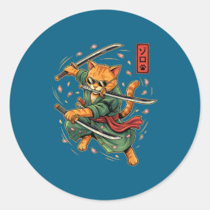 Sticker Rond Anime Chat Samouraï Trois Épées Art Style Japonais