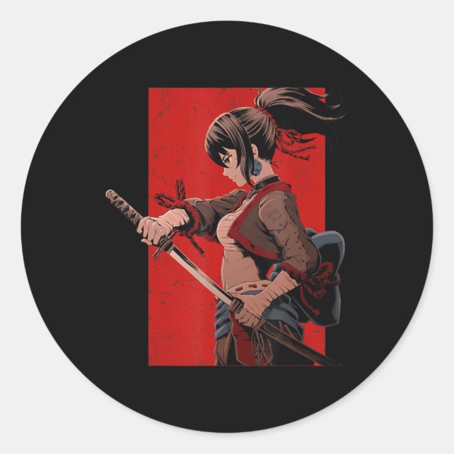 Sticker Rond Anime filles Ados Samurai Waifu japonais Otaku Kaw (Devant)