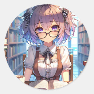 Sticker Rond Anime Girl avec lunettes à la bibliothèque