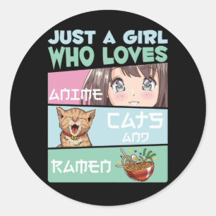 Sticker Rond Anime Girl Cat and Ramen addicted Japanese Noodles