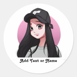 Sticker Rond Anime Girl en Casquette noir Personnalisé