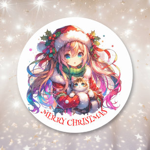 Sticker Rond Anime Girl in Santa Hat Aquarelle Noël