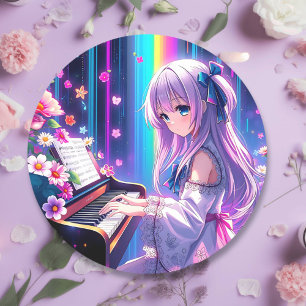 Sticker Rond Anime Girl Jouer Piano