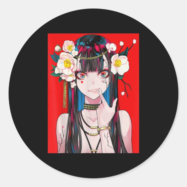 Sticker Rond Anime Girl Waifu japonais esthétique Kawaii Otaku (Devant)