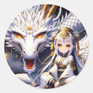 Sticker Rond Anime Girl Warrior et Dragon Ai Art