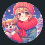 Sticker Rond Anime Girl with Puppy Christmas<br><div class="desc">Mignons autocollants de Noël avec une jolie fille anime avec un casquette d'hiver à Noël tenant un chien chiot.</div>