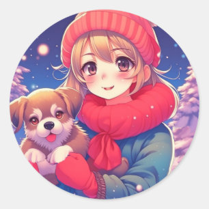 Sticker Rond Anime Girl with Puppy Christmas