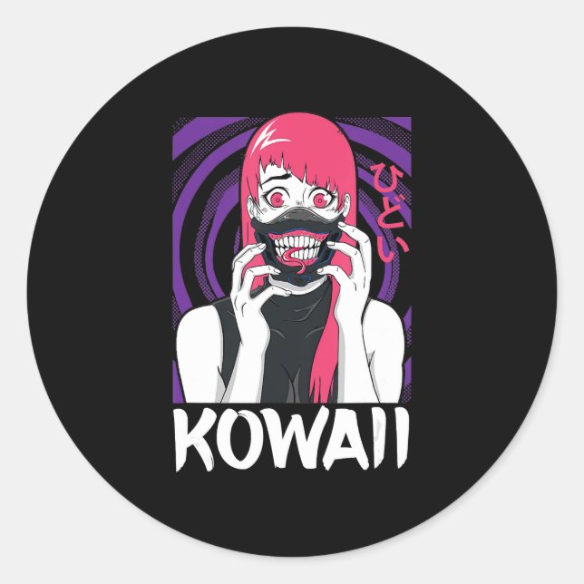 Sticker Rond Anime Girl Yandere Horror Face Alien Kawaii Goth (Devant)