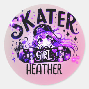 Sticker Rond Anime Skater Girl Anniversaire Fête Skateboard