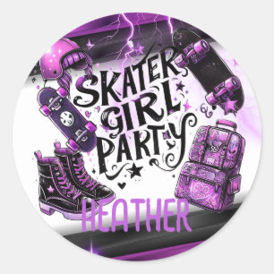 Sticker Rond Anime Skater Girl Anniversaire Fête Skateboard