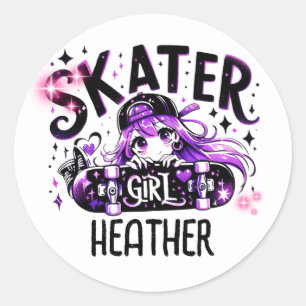 Sticker Rond Anime Skater Girl Anniversaire Fête Skateboard