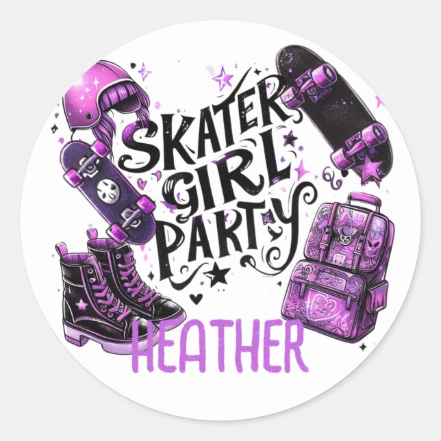 Sticker Rond Anime Skater Girl Anniversaire Fête Skateboard (Devant)