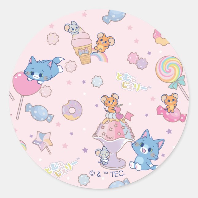 Sticker Rond Anime Tom, Jerry et Tuffy Candyland Motif (Devant)