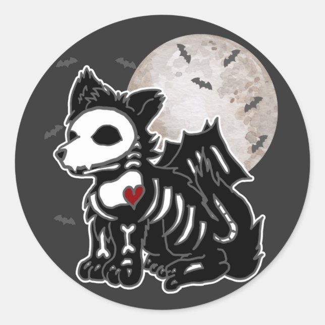 Sticker Rond Anime Wolf Emo Goth Edgy Skeleton Halloween Chien (Devant)