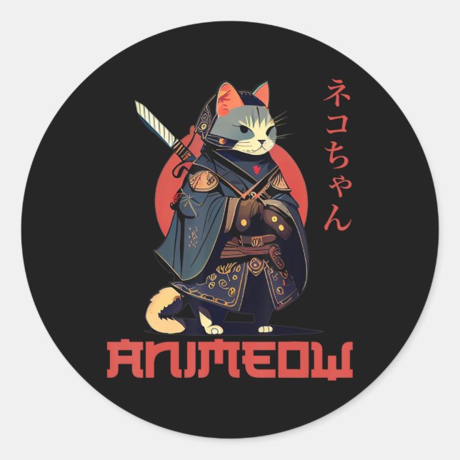 Sticker Rond ANIMEOW Fun Cute Samurai Kawaii Chat Ninja Costume (Devant)