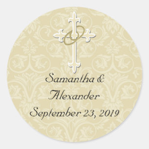 Sticker Rond Anneaux d'or avec croix, Sceau d'enveloppe chrétie