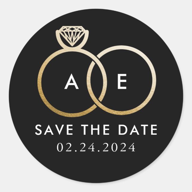 Sticker Rond Anneaux Mariages d'or sur noir Enregistrer la date (Devant)