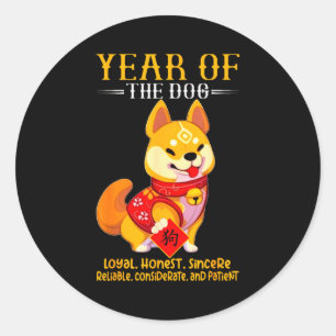 Sticker Rond Année Chinoise du Chien Signe du Zodiaque Joyeuse