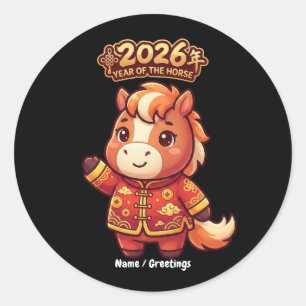 Sticker Rond Année du Cheval 2026 Adorable Art du Zodiaque Chin