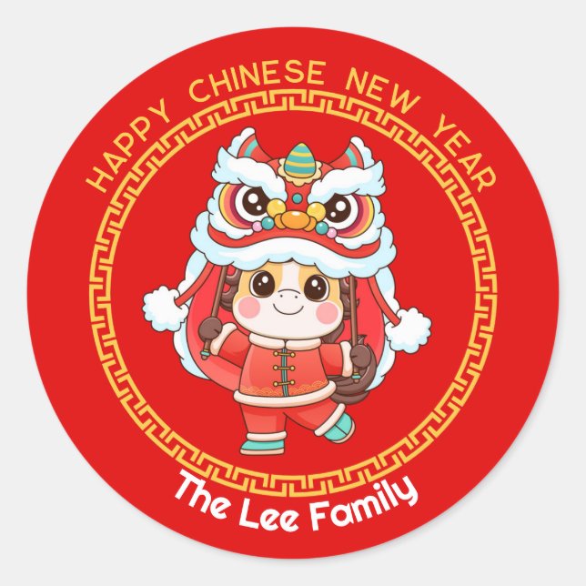 Sticker Rond Année du Cheval (Rouge et Or) CNY Mignon (Devant)