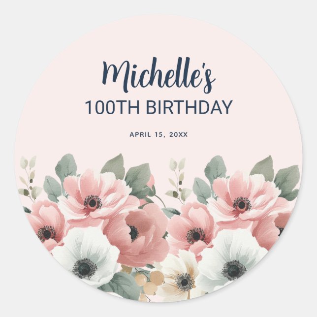 Sticker Rond Anniversaire 100 ans Fleurs aquarelle rose blanc (Devant)