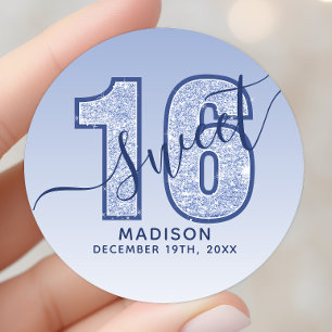 Sticker Rond Anniversaire 16 Ans écriture Navy Blue Pailleté