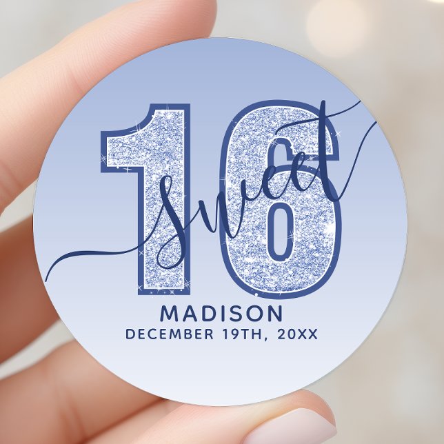 Sticker Rond Anniversaire 16 Ans écriture Navy Blue Pailleté (Créateur téléchargé)