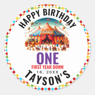 Sticker Rond Anniversaire 1 an Cirque Carnaval Mignon Moderne
