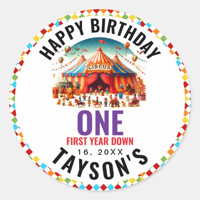 Sticker Rond Anniversaire 1 an Cirque Carnaval Mignon Moderne (Devant)