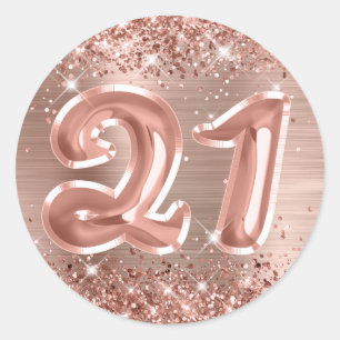 Sticker Rond Anniversaire 21 ans en feuille de rose pailletée