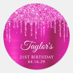 Sticker Rond Anniversaire 21 ans Magenta Paillettes métallisées