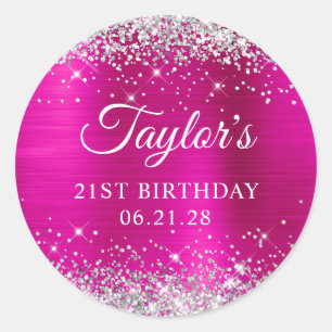 Sticker Rond Anniversaire 21 Ans Pailleté Argent Rose Chaud Feu