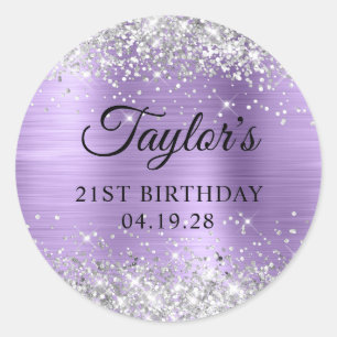 Sticker Rond Anniversaire 21 ans paillettes argent clair violet