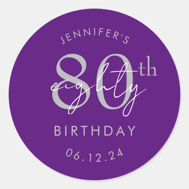 Sticker Rond Anniversaire 80 ans écriture moderne argent violet (Devant)