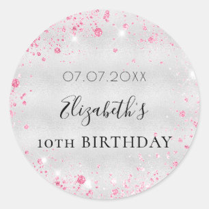 Sticker Rond Anniversaire argent rose parties scintillant pouss