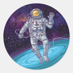 Sticker Rond Anniversaire. Astronaut dans l'espace avec étoiles
