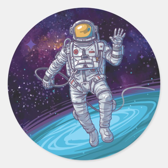 Sticker Rond Anniversaire. Astronaut dans l'espace avec étoiles (Devant)