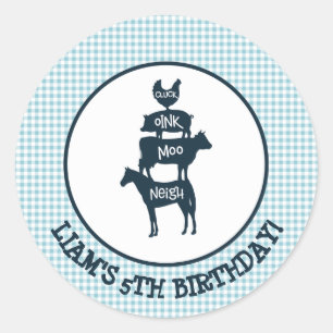 Sticker Rond Anniversaire bleu d'animal de thème de ferme de