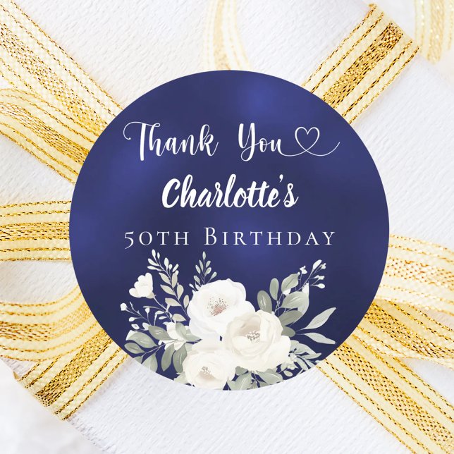Sticker Rond Anniversaire bleu marine fleurs blanches Merci (Créateur téléchargé)