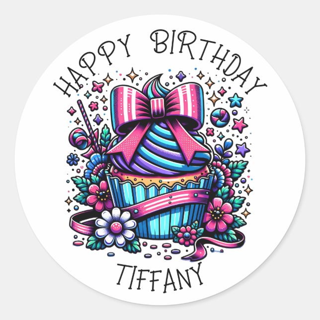 Sticker Rond Anniversaire Cupcake Whimsical Personnalisé (Devant)