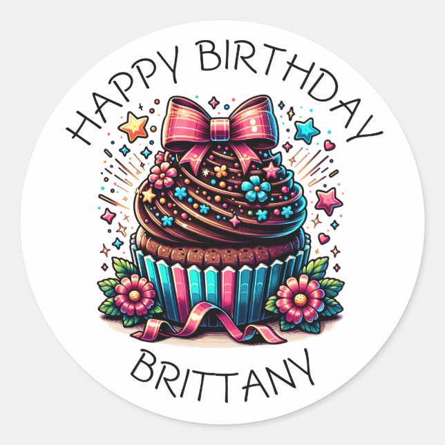Sticker Rond Anniversaire Cupcake Whimsical Personnalisé (Devant)